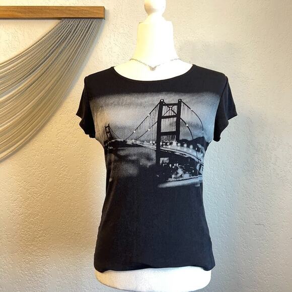 Y2K Rhinestone San Francisco Golden Gate Bridge Tee Susan Lawrence Sz M - Picture 1 of 8